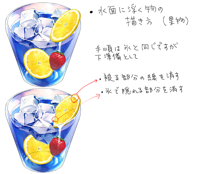 透明感あるモチーフに挑戦 水に浮かぶ氷と果物の描き方 塗り方 いちあっぷ