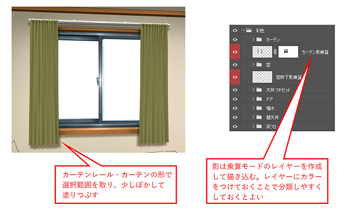カーテンの影の描き方